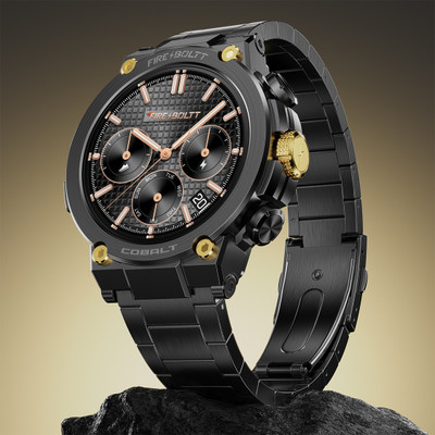Fire-Boltt AMOLED display, BT call, 300+ sports modes, 4BG storage, IP67 Smartwatch(Black Gold Strap, Free Size)