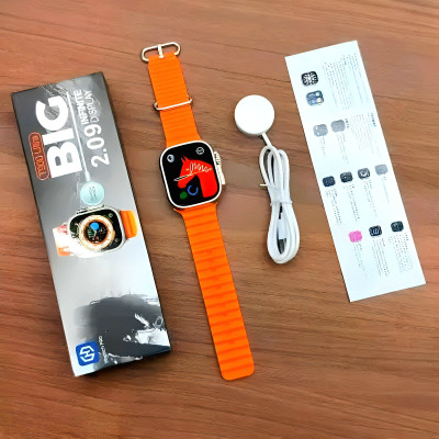RavAry T900 Ultra Smart Watch 2.09 Infinite Display With BT Calling Wireless Charging Smartwatch(Orange Strap, Free size)