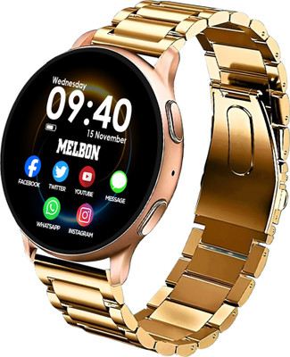 Melbon Golden Stainless Steel Strap Sporty Heart Rate Monitoring Sleep Tracking Round Smartwatch(Gold Strap, 1.5 Inch Round Amoled Sunlight Proof Display)