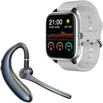 Elevea Combo C791 Bluetooth Stylish Smartwatch & Single Ear Hooks - 15 Years Warranty Smartwatch(White Strap, Medium)