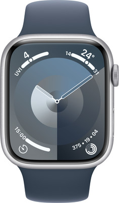 Apple Watch Series 9 GPS 45mm Silver Aluminium Case with Storm Blue Sport Band - M/L(Silver Strap, Free Size)