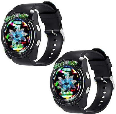 DRUMSTONE Pack of 2 V8 Bluetooth Smartwatch – Camera & SIM Slot,Compatible with All Phones Smartwatch(Black Strap, Free Size)