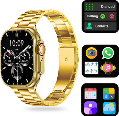 Melbon BT speaker Gold smartwatch with two strap Wireless charger and Bluetooth calling Smartwatch(Gold Strap, Large Curved 3D Display)