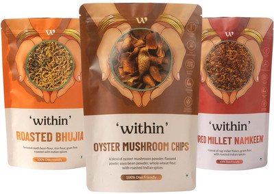 within Roasted Bhujia 150g + Oyster Mushroom Chips 75g + Roasted Millet Namkeen 90g(3 x 105 g)
