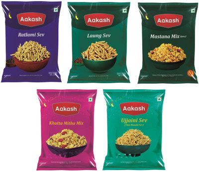 AAKASH Namkeen Sev & Mixture Combo | All time Indian Snacks | (Pack of 5), 150 Gm Each.(5 x 150 g)