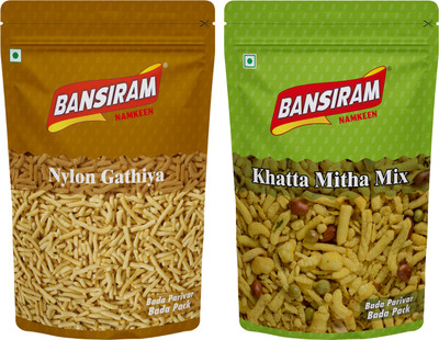 Bansiram Namkeen Nylon Gathiya & Khatta Mitha Mix Combo Pack(2 x 400 g)