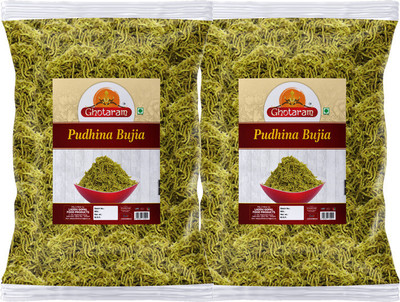 GHOTARAM Kufri Sindhuri Aloo Pudina Mint Bhujiya Bhujia Podina Bhujiya Namkeen-420g*2Pack(2 x 420 g)