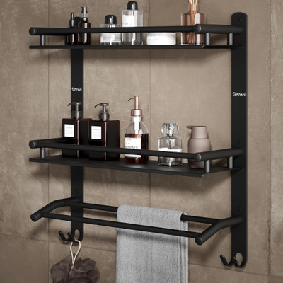GRIVAN 3 Layer Multipurpose bathroom shelf/rack, with double towel rod and 2 dual hooks BLACK MATTE Towel Holder(Stainless Steel)