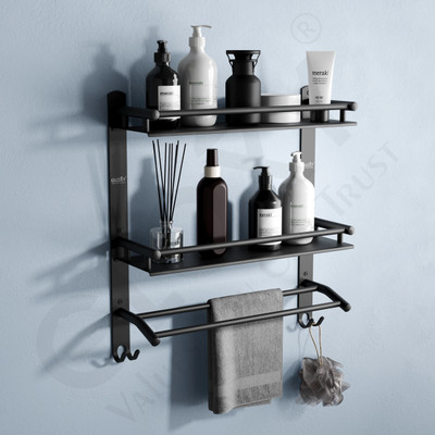 GLOXY Stainless Steel 2 Layer Matt Finish Rack Shelf with Towel Rod For Bathroom(Black)