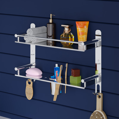 GLOXY SS Bathroom Shelf with Soap Dish With Toothbrush Holder Bathroom Accessories(Silver)