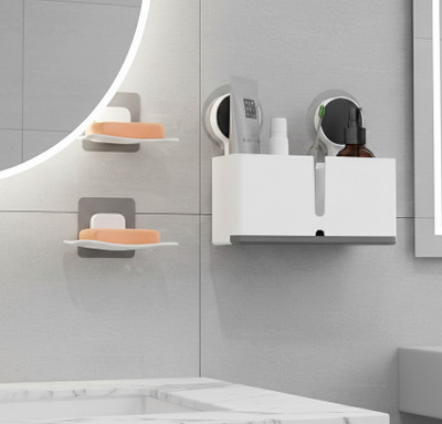 NESTIGO Soap Holder & Toothbrush Holder | No-Drill Wall Mounted Rack(White)