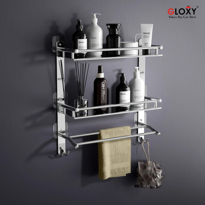 GLOXY Magic Sticker Shelf Adhesive Anti Rust 3 Layer Bathroom Shelf with Napkin Holder(Silver)