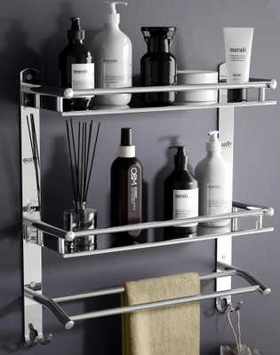 GLOXY Stainless Steel Double Layer Rack Shelf with Towel Rod For Bathroom Storage(Silver)