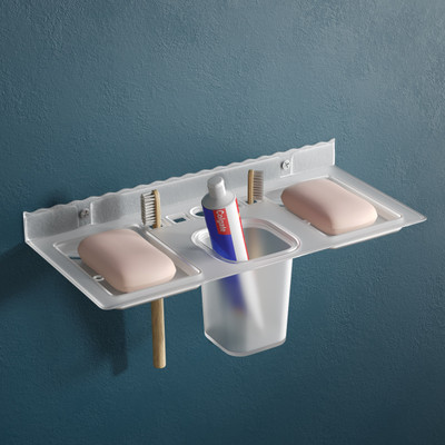 GRIVAN double soap dish with a tumbler and 5 toothbrush holder(Clear)
