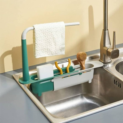Upkaranwale ABS Plastic Sink Storage Rack Telescopic 2in1 Sink Expandable Sponge Soap Holder(Multicolor)