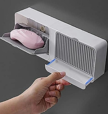 Flywind Wall Mounted Soap Box with Lid Double Grids Soap Draining Rack Bathroom(Multicolor)