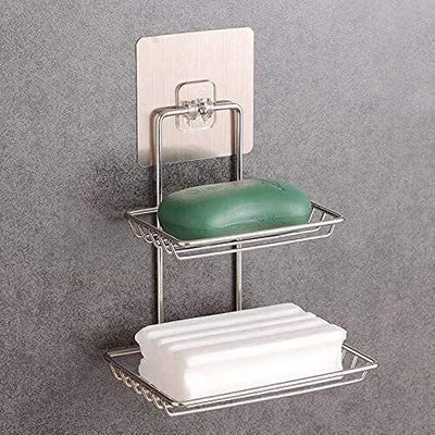 HOMIFYHUB SS Double Layer Soap Dish Holder for Kitchen & Bathroom Sink Soap Storage (3PC)(Silver)