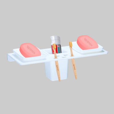 Sarvatr Acrylic Toothbrush Toothpaste Soap Dish Bathroom Organizer Stand 4-in-1 Holder(White)