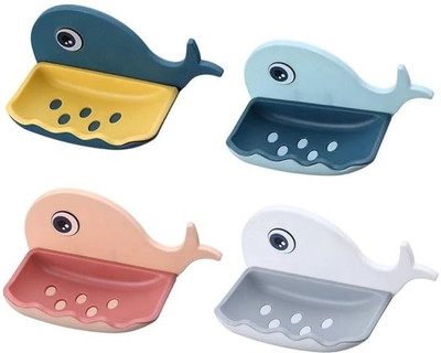 Fulkiza Pack of 4 Beautiful Fish Design Double Layer Self Draining Soap Case x4.10(Multicolor)