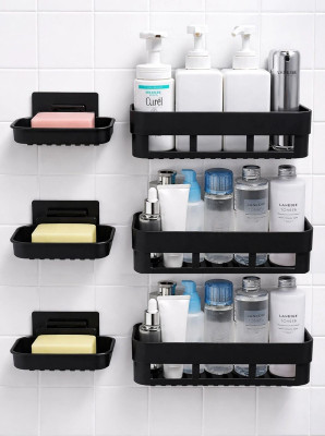 Bowoze 3 PCS Shelves + 3 Pcs Soap Dish ABS Plastic Bathroom Accessories(Black)