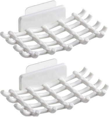 SHOPIN Bathroom Soap Holder, Soap Dish with Hooks, No Drilling, Waterproof(White-2)