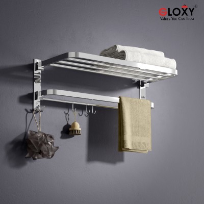 GLOXY Stainless Steel Chrome Mirror Finish 24 Inches Folding Towel Rack for Bathroom(Silver)