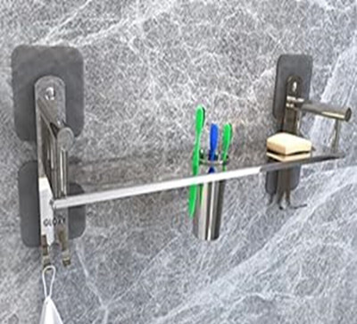 GLOXY 1 Layer Shelf Adhesive Bathroom Shelf with Double Soap Dish/Toothbrush Holder(Silver)
