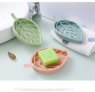 Shreejee Pack of 3 Leaf Shape Double Layer Soap Dish Case Holderx3.81 Plastic Wall Shelf(Number of Shelves - 3, Multicolor)