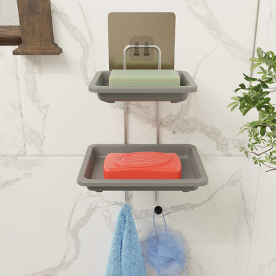 MY International Double Layer Stainless Steel Soap Dish Stand with hooks(Silver)