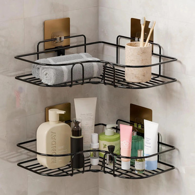 Zenzone Wall Mount Bathroom Corner and Soap Rack for Home and Kitchen. Adhesive Sticker(Black)
