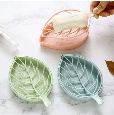 KEETLY Plastic 3Pcs Beautiful Leaf Shape Double Layer Soap Dish Case Holder(Multicolor)