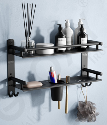 GLOXY Matte Finish 2 Layer Bathroom Shelf Rack with Soap Dish and Toothbrush Holder(Black)