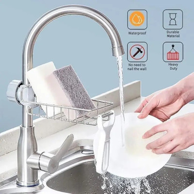 romj Soap DIsh Stainless Steel Sink Caddy Organizer,Tap Organiser Clip Storage Rack(Silver)