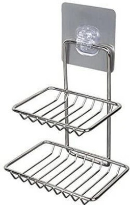 kridha Wall mount Self-Adhesive Stainless Steel Double-Layer Soap Dish Holder(Silver)