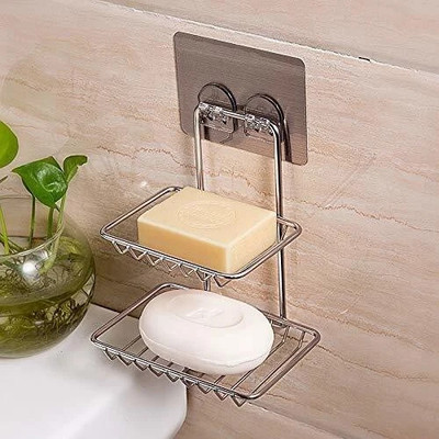 Neroxa 2 Layer Stainless Steel Soap Dish Storage Organizer Holder Self-Adhesive Waterproof Kitchen Bathroom Soaps Wall Rack Stand for washbasin no Drill Space Saver soap Holder Self For Home(Silver)