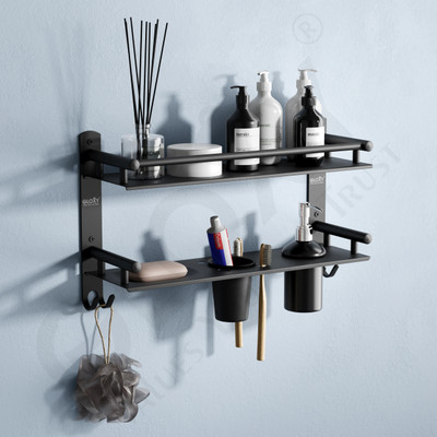 GLOXY Premium 2 Layer Bathroom Shelf with Soap Dish & Liquid Dispenser, Tumbler Holder(Black)