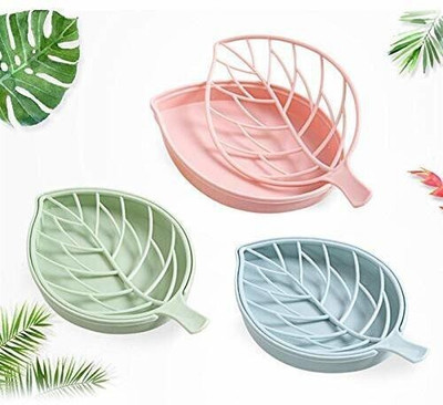 ks trade Pack of 3 Leaf Shape Double Layer Self Draining Bar Soap Holder x3.60(Multicolor)