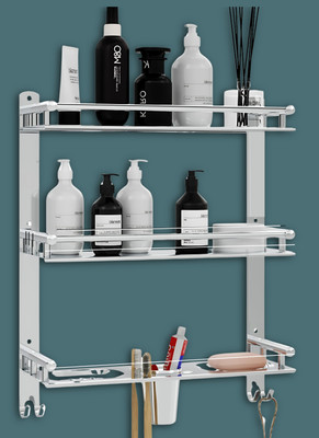 GLOXY 3 Layer Multipurpose Bathroom Shelf with Double Soap Dish and Toothbrush Holder(Silver)