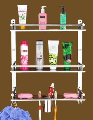 GLOXY 3 Layer Multipurpose Bathroom Shelf with Double Soap Dish and Toothbrush Holder(Silver)