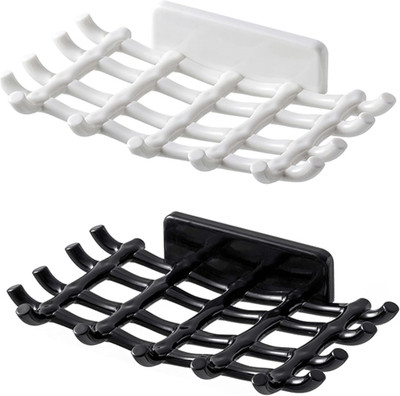 SoftBajar [PACK OF 2] Soap dish wall mounted soap holder plastic self draining(Black, White)