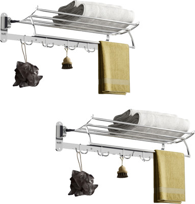 GLOXY Folding Towel Stand with Hooks | Bathroom Towel Rack With Hanger – Set of 2 Stainless Steel Toothbrush Holder(Silver, Wall Mount)