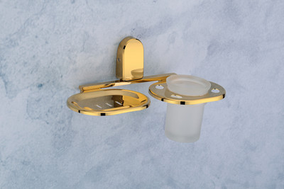 AGMECO Soap Dish with Tumbler Holder for Bathroom Stainless Steel Combo ( Pack of 1)(Aura Gold)