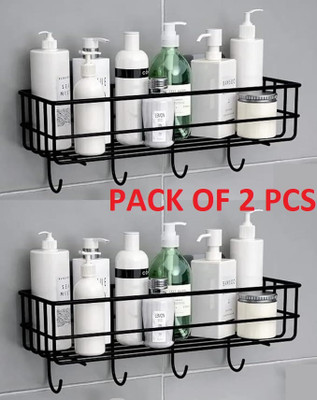 M Y Multipurpose Rack Metal Wall Shelf with 4 Hook Iron Wall Shelf(BLAQ)
