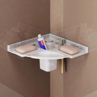 GRIVAN Corner Acrylic Soap Dish/Stand/Holder/Tray With Brush Holder(White)
