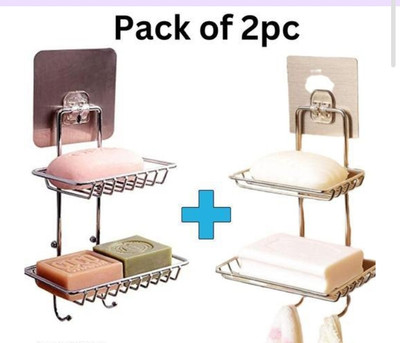 AD PLAST Soap Wall Mounted Double Layer soap Dish Holder With Hanging Hooks (Pack of 2)(Silver)