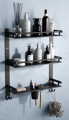 GLOXY Matt Finish 3 Layer Multipurpose Shelf with Double Soap Dish & Toothbrush Holder(Black)