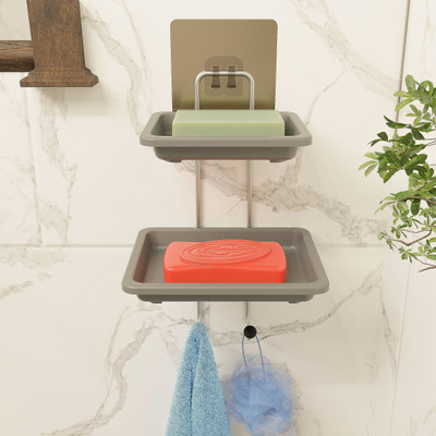 M Y 2 Layer Stainless Steel Soap Dish with 2 Plastic Dish Pack of 2(Grey)