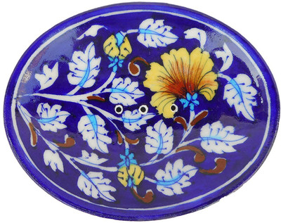 craft park Lilyflower Design Handmade Blue Pottery Soap Dish Holder(Multicolor)