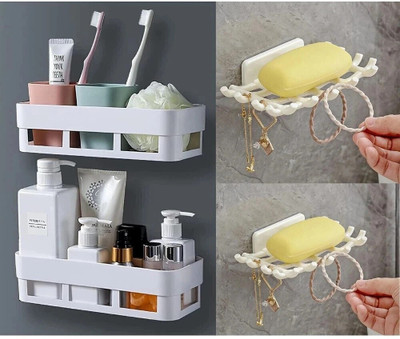 Lufasa 4 PCS Plastic Home Kitchen Bathroom Accessories,Bathroom Rack,Plastic Wall Shelf(White)