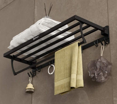 GRIVAN Premium Foldable Bathroom Towel Rack/Holder/shelf With Hooks And Hanger(Black)